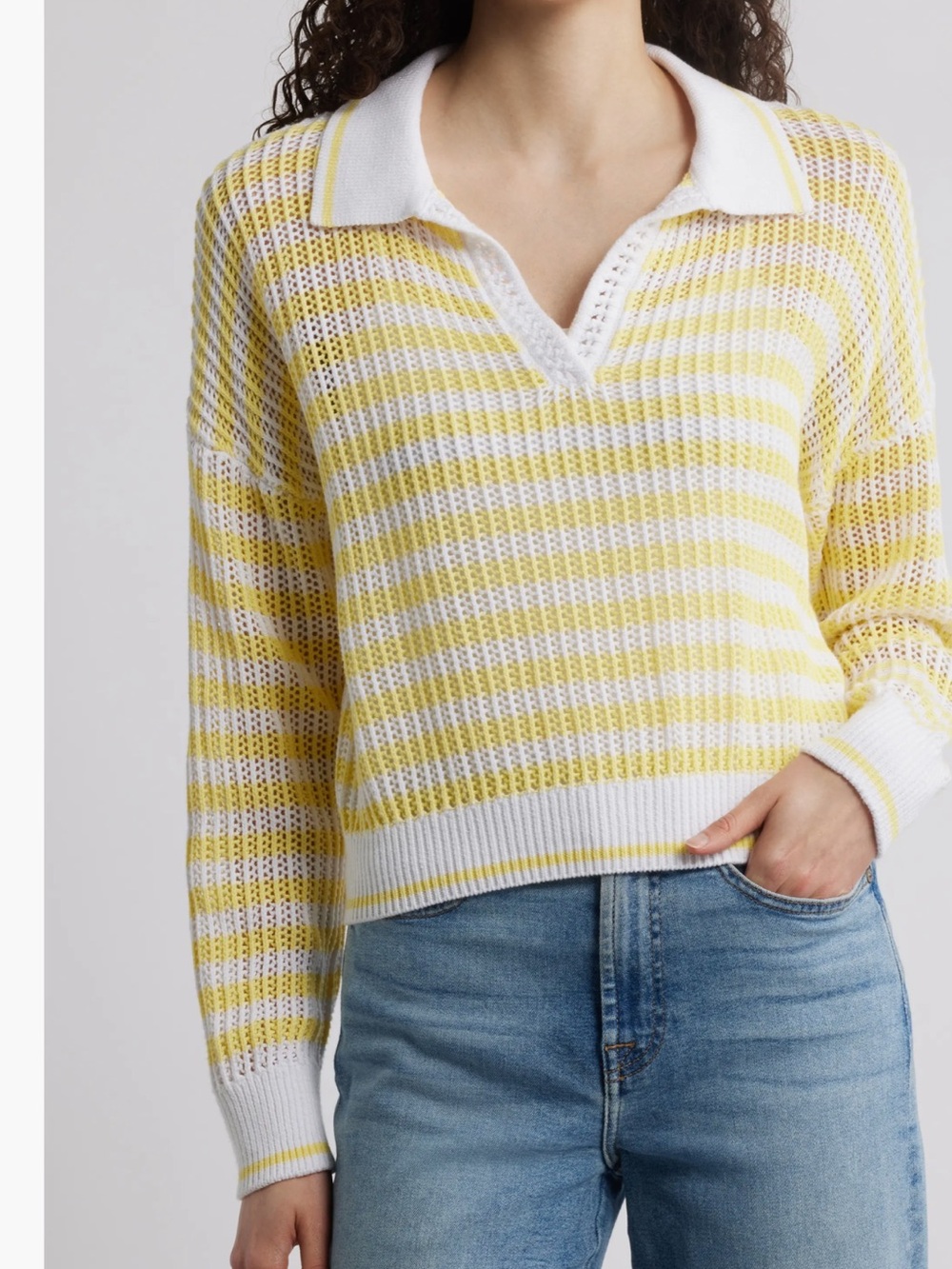 525 yellow and white striped summer open weave sweater size M